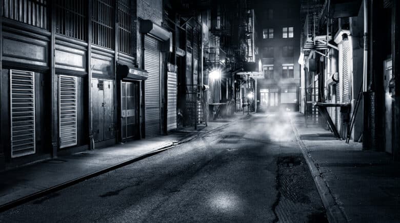 View of Cortlandt Alley by night, in Chinatown, New York City