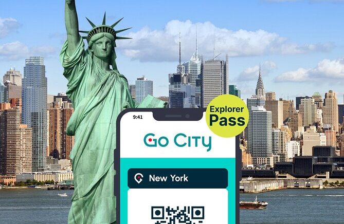 A phone with New York City Go City Sightseeing Pass barcode with liberty statue