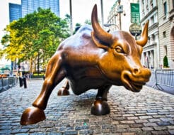 The landmark Charging Bull in Lower Manhattan represents aggressive financial optimism and prosperity