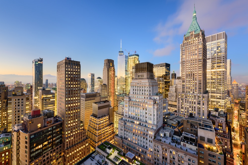 New York City Financial District cityscape at dusk