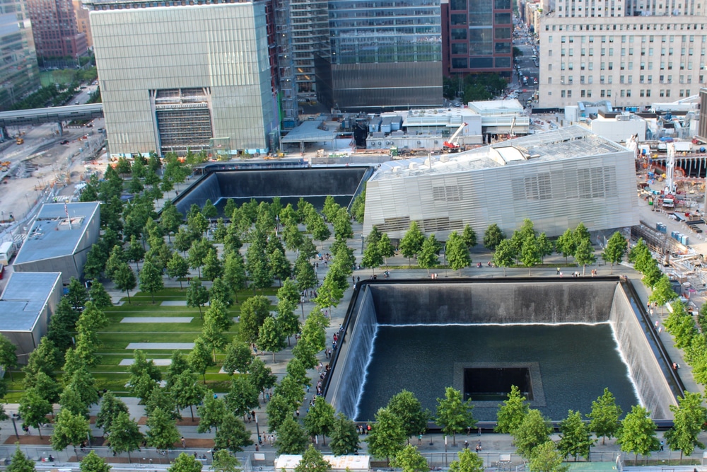 Aerial view of 9/11 Memorial in New York City