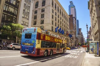 Big Bus Tours New York at 5th Avenue. It offers sightseeing tours of New York on an open top double decker bus.