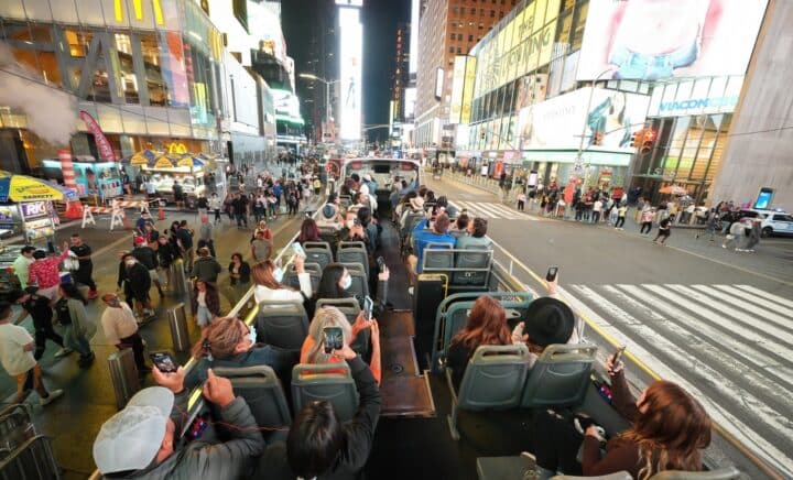 Times Square at night, View from the Tour bus to the Theater District, Manhattan, Broadway