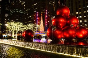 Christmas Holiday decorations in New York City with Radio City Music Hall Christmas Tree