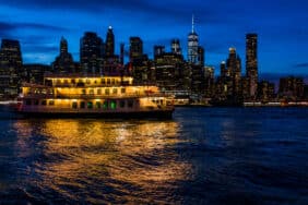 View of outside outdoors in NYC New York City Brooklyn Bridge Park by east river,