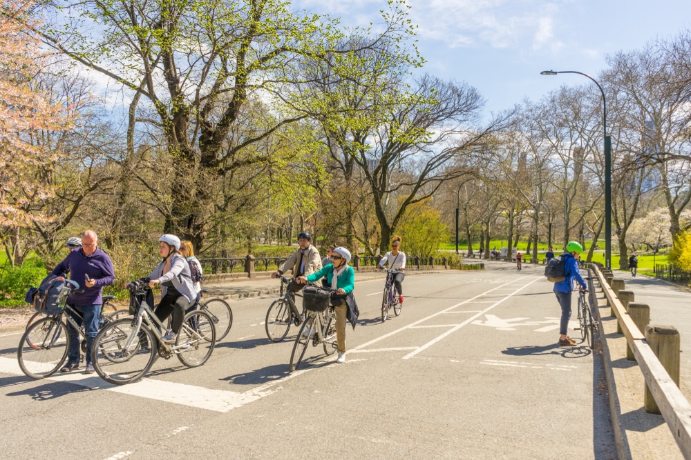 Group of tourists enjoy riding bicycle in Central Park in New York