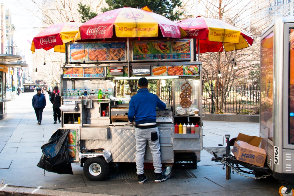 A typical hotdog and bagel stand in central Manhattan in New York