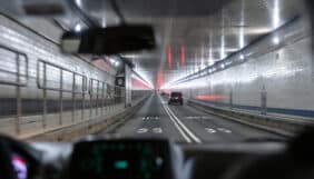 Driving in Lincoln tunnel, New York. View from the interior of a car