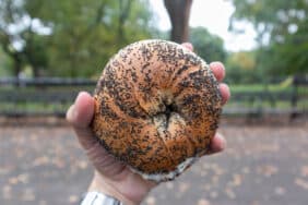 Handheld Poppy Seed Bagel with Cream Cheese