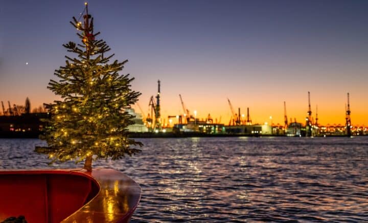 Christmas tree in the harbor at sundown