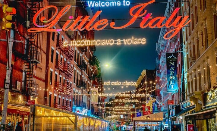 Big light red sign at night Welcome to Little Italy is a neighborhood in Lower Manhattan in New York City