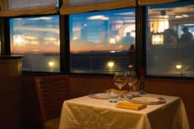 Sunset view from the restaurant onboard of Cruise ship