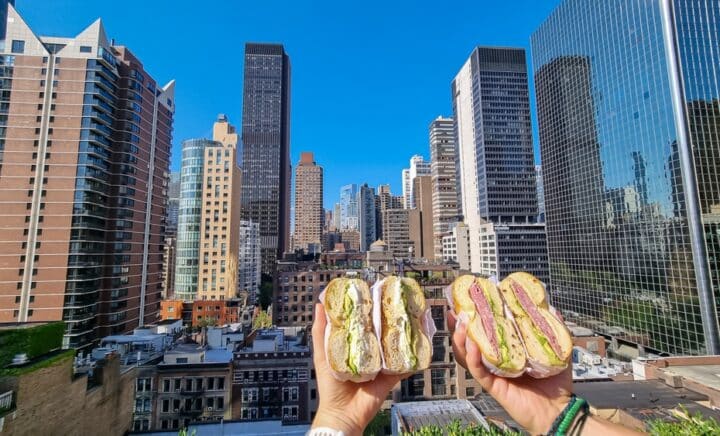 NYC Bagels Cut in Half with NYC Skyscrapers in the background