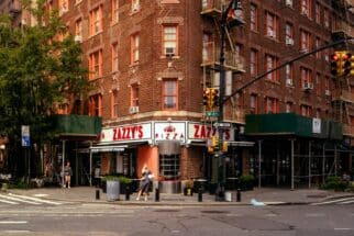 Looking towards Zazzy's, a popular Pizzeria in Greenwich