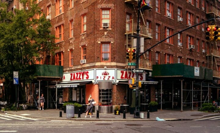 Looking towards Zazzy's, a popular Pizzeria in Greenwich