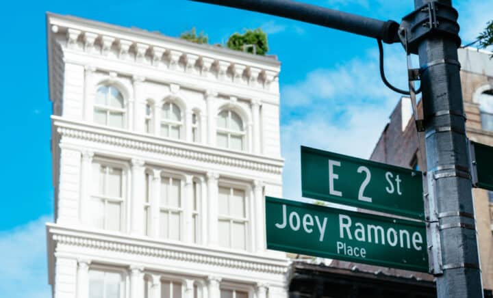 Joey Ramone Place road sign in East Village of New York City