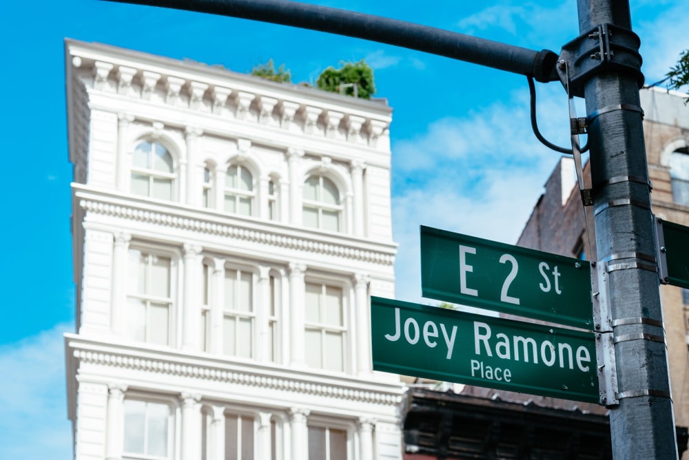 Joey Ramone Place road sign in East Village of New York City