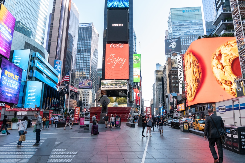 The Bright Lights And Billboard Ads Of Times Square With Plenty Room For Your Text In Duffy Square