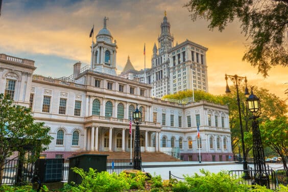 New York City Hall in the morning time at City Hall Park in the Civic Center