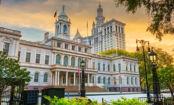 New York City Hall in the morning time at City Hall Park in the Civic Center