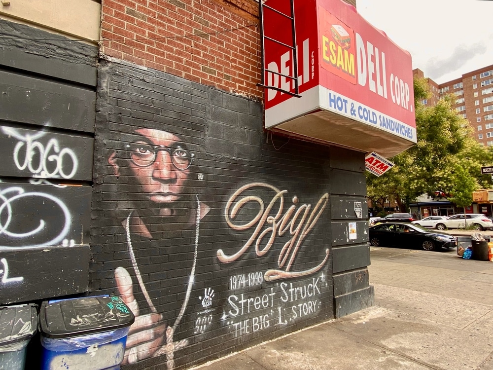 Big L mural on the side of a deli on the corner of W 140th Street and Malcolm X Boulevard in Harlem