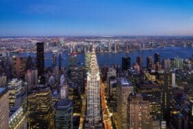 Aerial view of the Chrysler Building and the East River