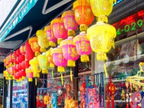 Traditional chinese paper lanterns and varied decorations for sale at a shop at Chinatown in New York City
