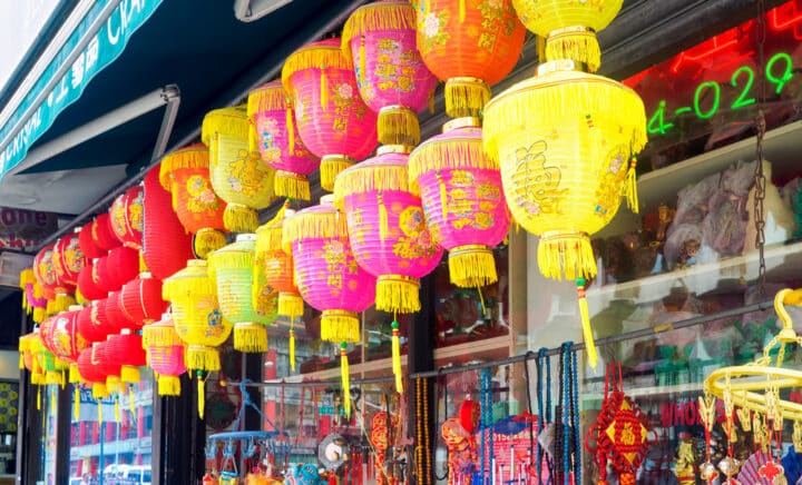 Traditional chinese paper lanterns and varied decorations for sale at a shop at Chinatown in New York City