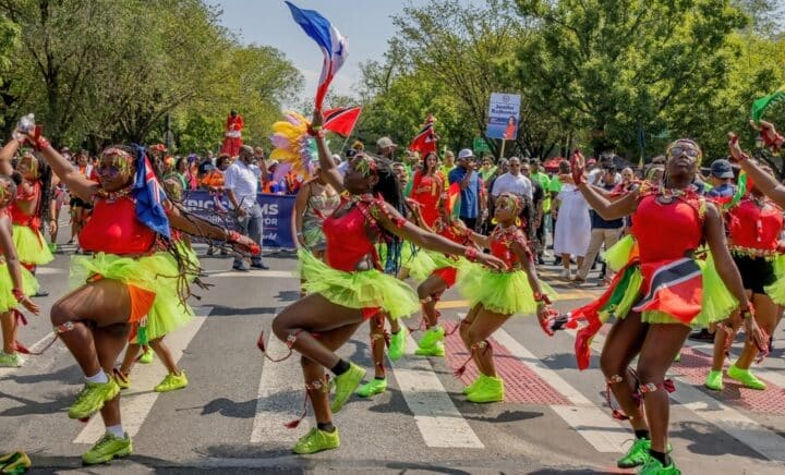 BROOKLYN, N.Y. – September 4, 2023: Dancers perform in the 2023 West Indian Day Parade in Crown Heights and Annual Event over Labor Day Weekend in NYC