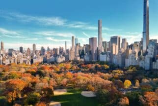 New York City Central Park. Top view with Autumn tree. Autumn Central Park view from drone. Aerial of NY City, panorama in Autumn. Autumn in Central Park. Central Park Fall Colors of foliage. A hub of NYC Fall Activities.