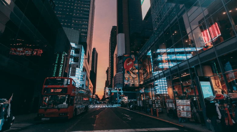 A bus on a sidewalk in New York City