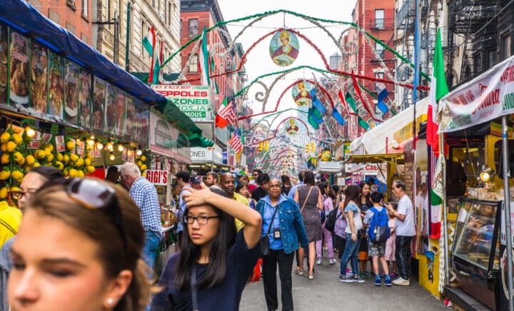 NEW YORK CITY - SEPTEMBER 21, 2017: View of the Annual Feast of San Gennaro street festival on the street of Little Italy in Manhattan with food vendors, decorations and real people in view.