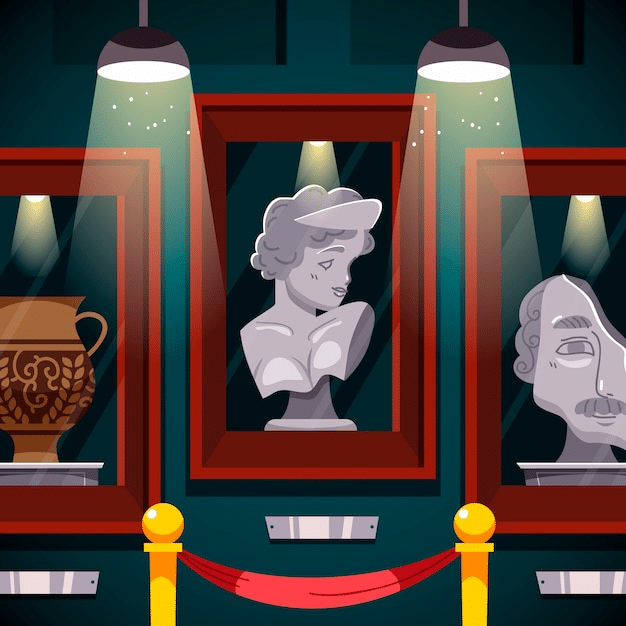 illustrations of statues and artifacts in a museum