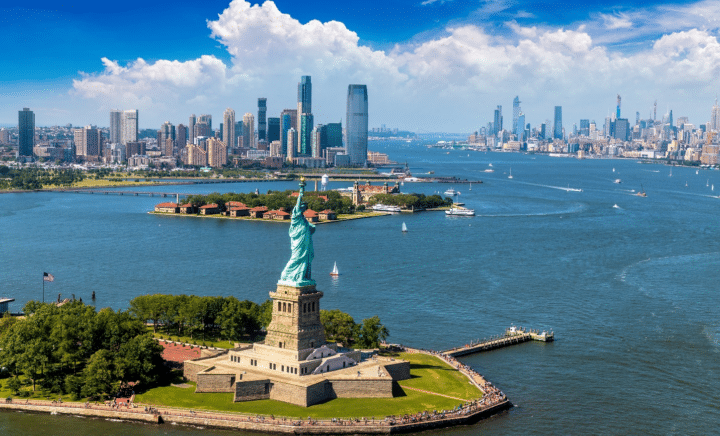 The NYC skyline seen with a New York City travel guide