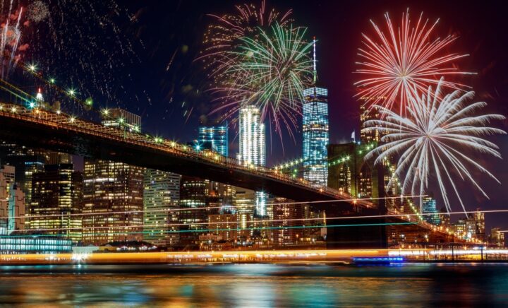 Fireworks display over the New York City skyline