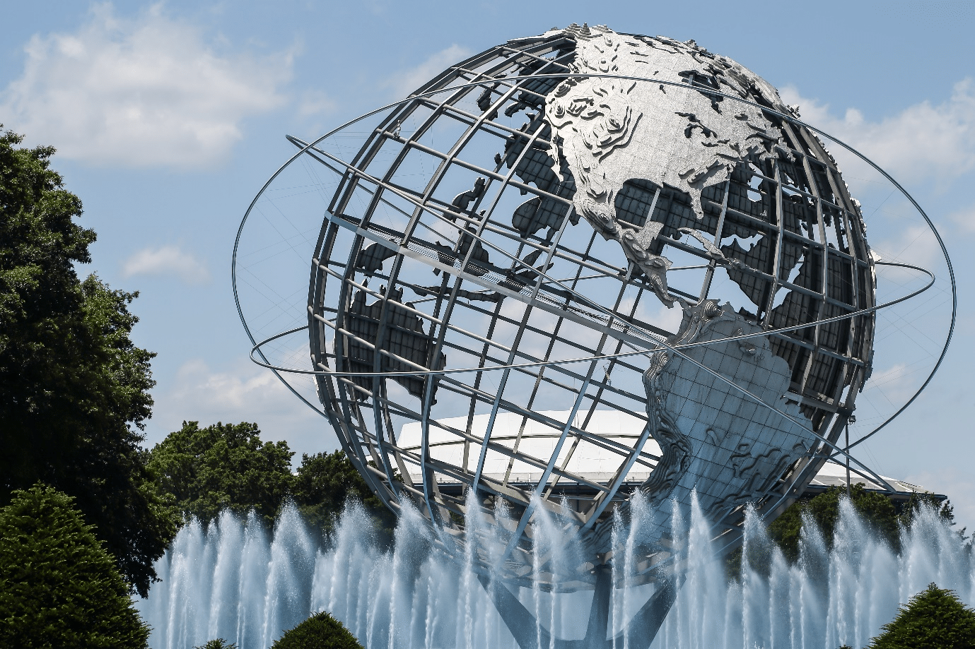 Fountains and steel monument at Flushing Meadows Park.