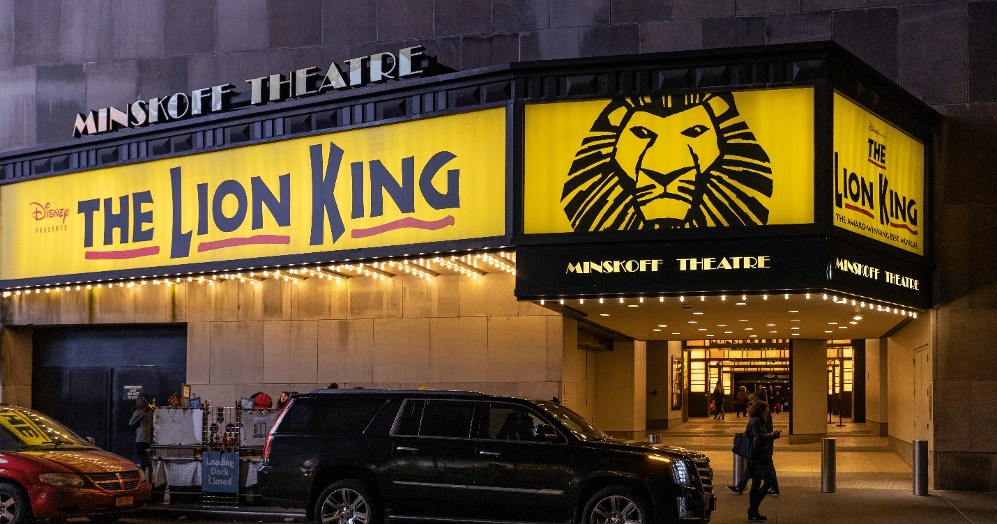 A sign for the Lion King show off Broadway seen by a small group tour in New York City