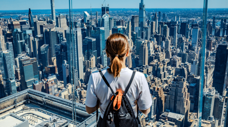 A person admiring the New York City skyline from an observation deck