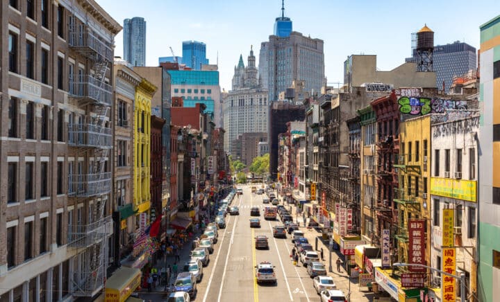 NEW YORK CITY, USA - MARCH 15, 2020: Aerial view of Chinatown in New York City, NY, USA. Make China Town a part of your NYC downtown Itinerary