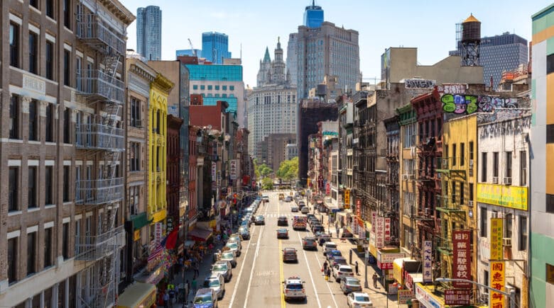 NEW YORK CITY, USA - MARCH 15, 2020: Aerial view of Chinatown in New York City, NY, USA. Make China Town a part of your NYC downtown Itinerary