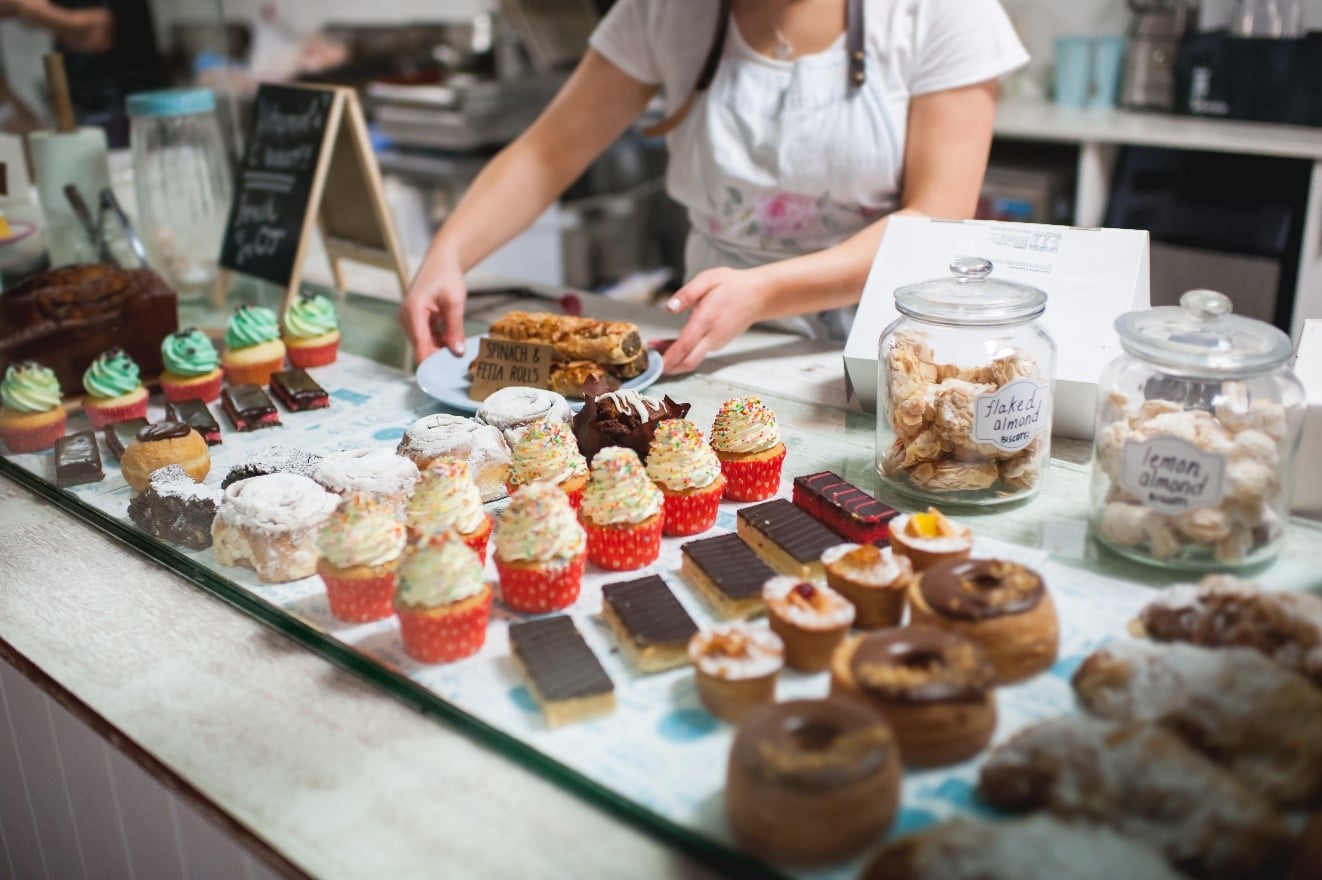 Desserts displayed in a bakery