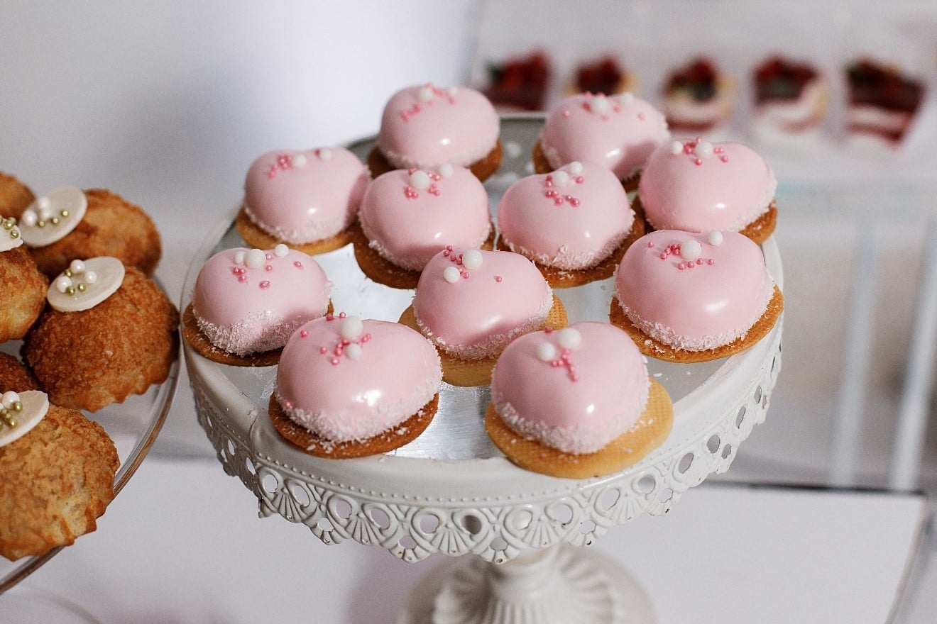 A close-up of heart-shaped desserts