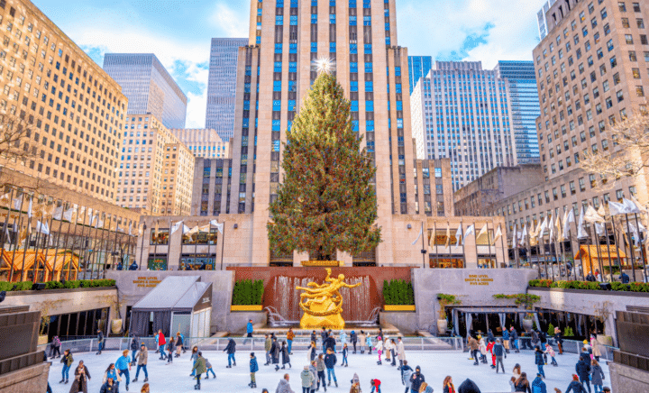 People ice skating at an ice rink in New York