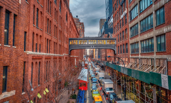 A small bridge between buildings seen during a New York City travel guide