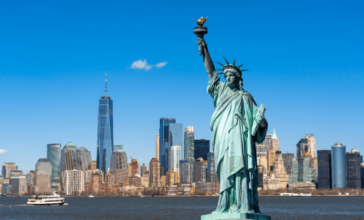 The Statue of Liberty with the New York Skyline in the background