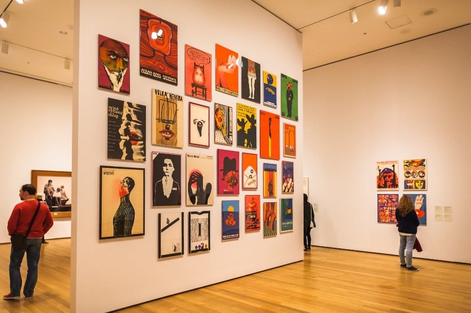 Paintings displayed in an art gallery