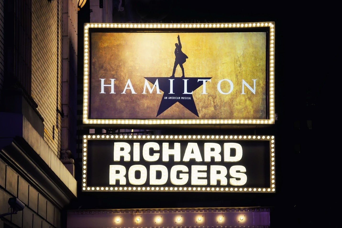 A sign for the Hamilton play seen during a city trip to New York