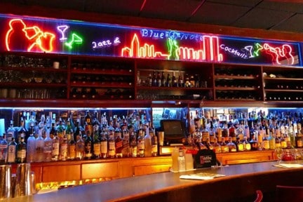 The bar at a jazz club full of drinks
