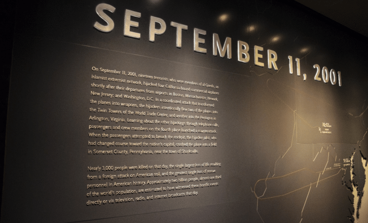 A sign about September 11 seen during a New York City travel guide