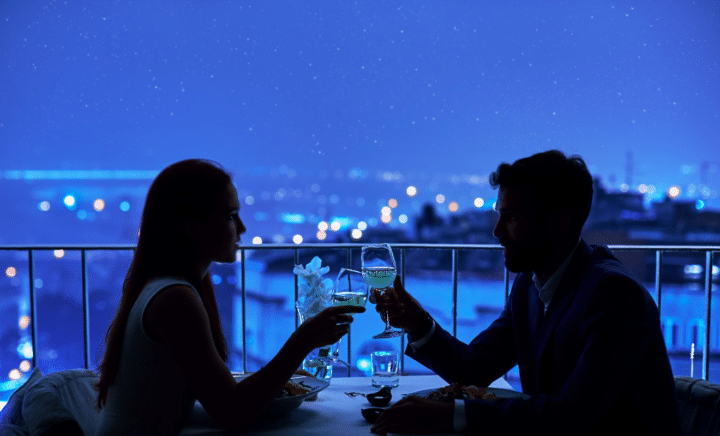 Silhouette of a couple on a date with the night sky in the background
